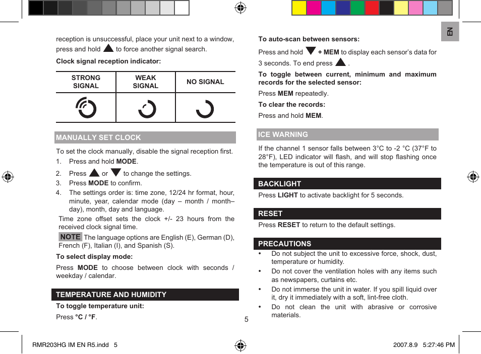 Oregon Scientic RMR203HG User Manual | Page 5 / 7