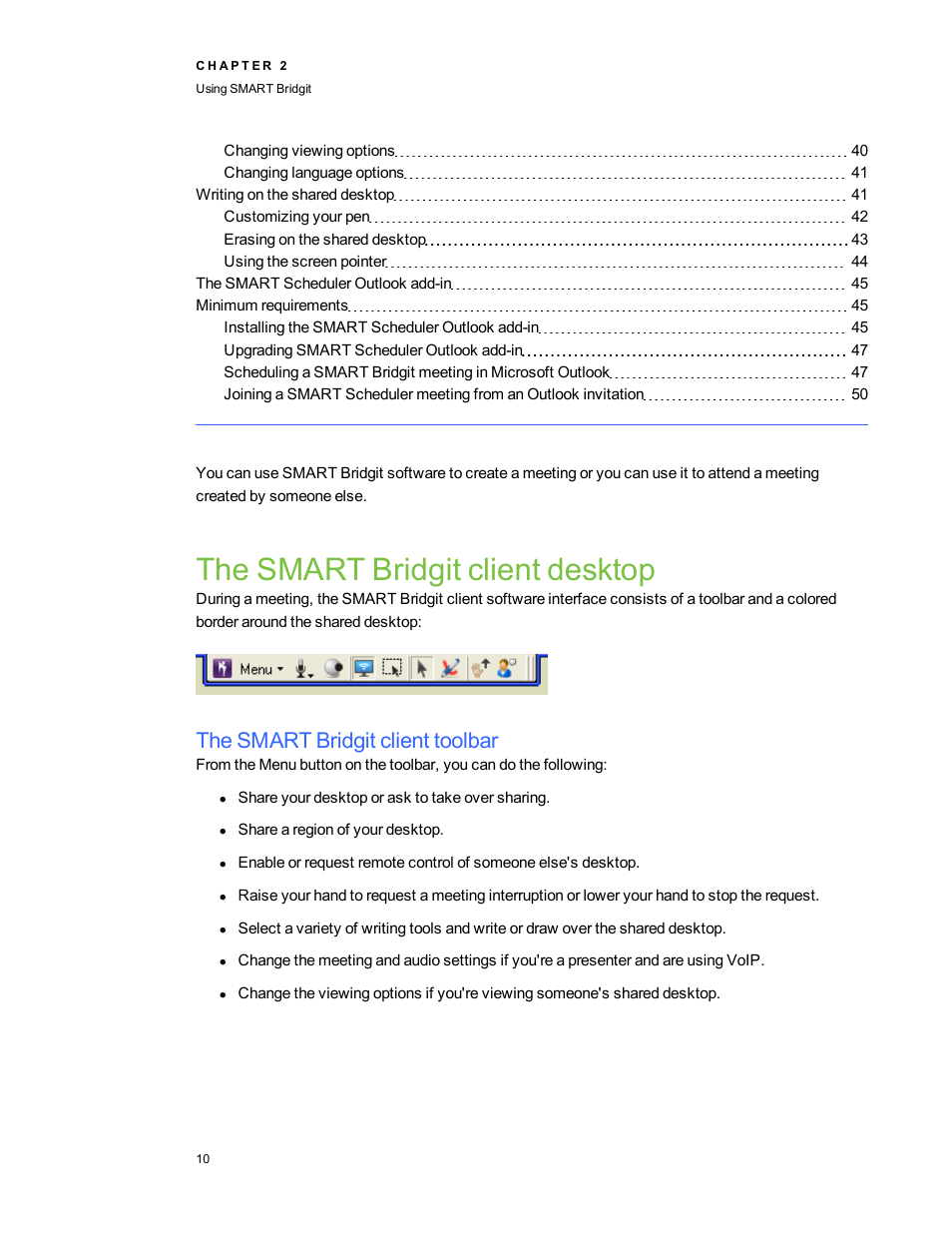 The smart bridgit client desktop, The smart bridgit client toolbar | Smart Technologies Bridgit 4.5 User Manual | Page 12 / 62