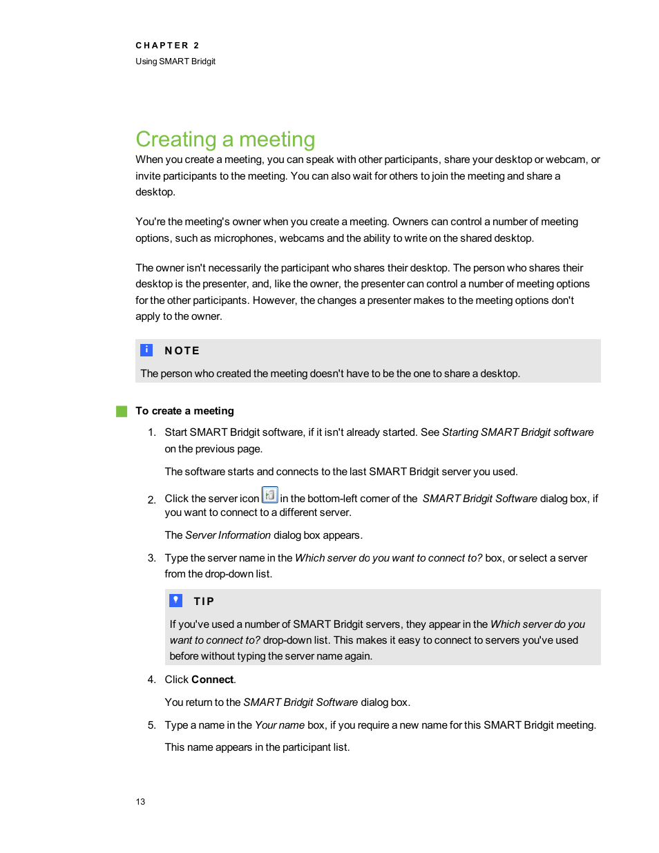 Creating a meeting | Smart Technologies Bridgit 4.5 User Manual | Page 15 / 62