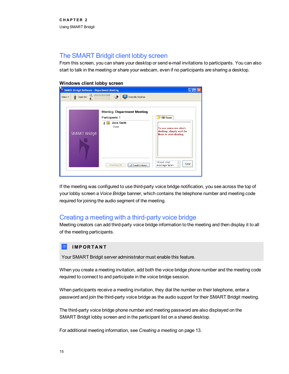The smart bridgit client lobby screen, Windows client lobby screen, Creating a meeting with a third-party voice bridge | Smart Technologies Bridgit 4.5 User Manual | Page 17 / 62