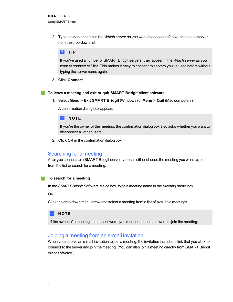 Searching for a meeting, Joining a meeting from an e-mail invitation | Smart Technologies Bridgit 4.5 User Manual | Page 21 / 62