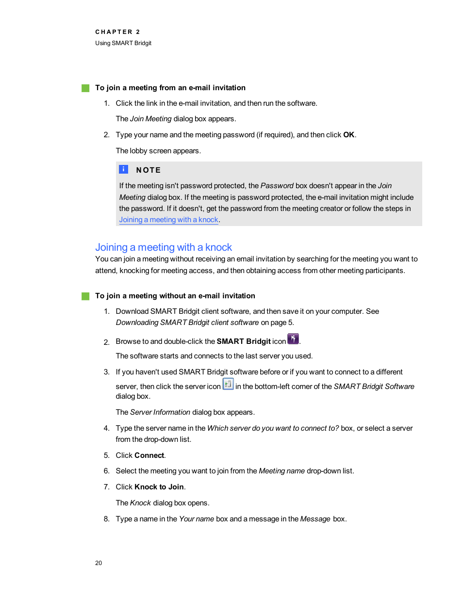 Joining a meeting with a knock | Smart Technologies Bridgit 4.5 User Manual | Page 22 / 62