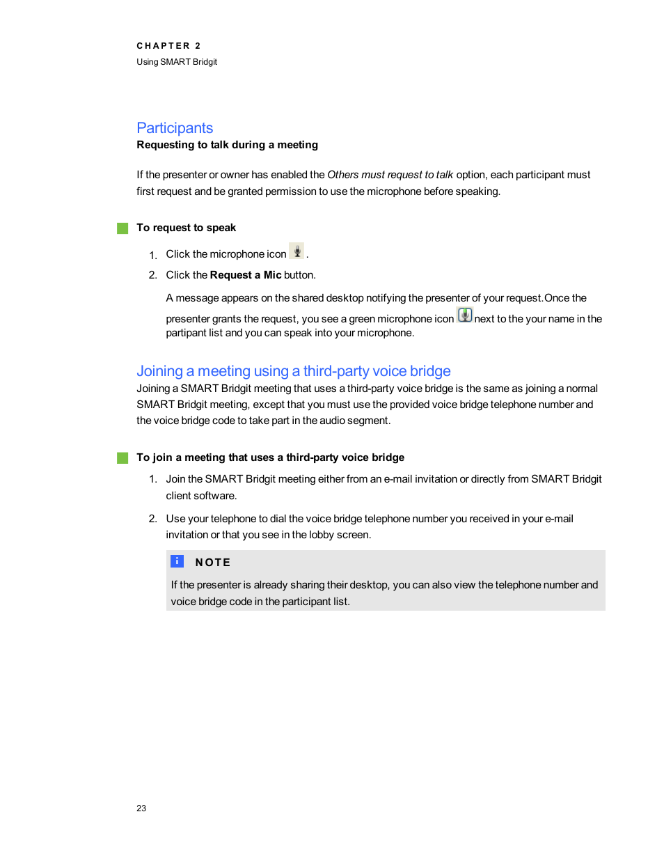 Participants, Joining a meeting using a third-party voice bridge | Smart Technologies Bridgit 4.5 User Manual | Page 25 / 62