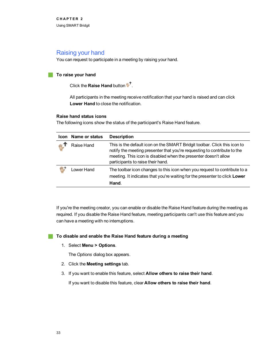 Raising your hand, Raise hand status icons | Smart Technologies Bridgit 4.5 User Manual | Page 35 / 62