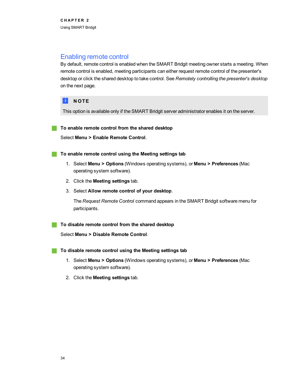 Enabling remote control | Smart Technologies Bridgit 4.5 User Manual | Page 36 / 62