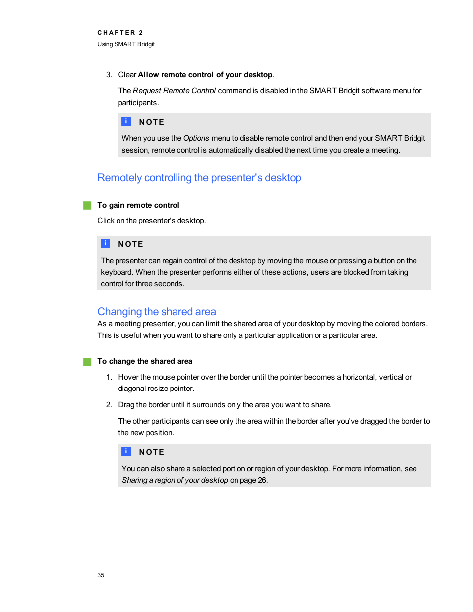 Remotely controlling the presenter's desktop, Changing the shared area | Smart Technologies Bridgit 4.5 User Manual | Page 37 / 62