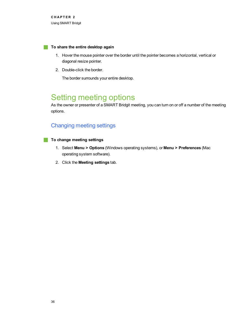 Setting meeting options, Changing meeting settings | Smart Technologies Bridgit 4.5 User Manual | Page 38 / 62