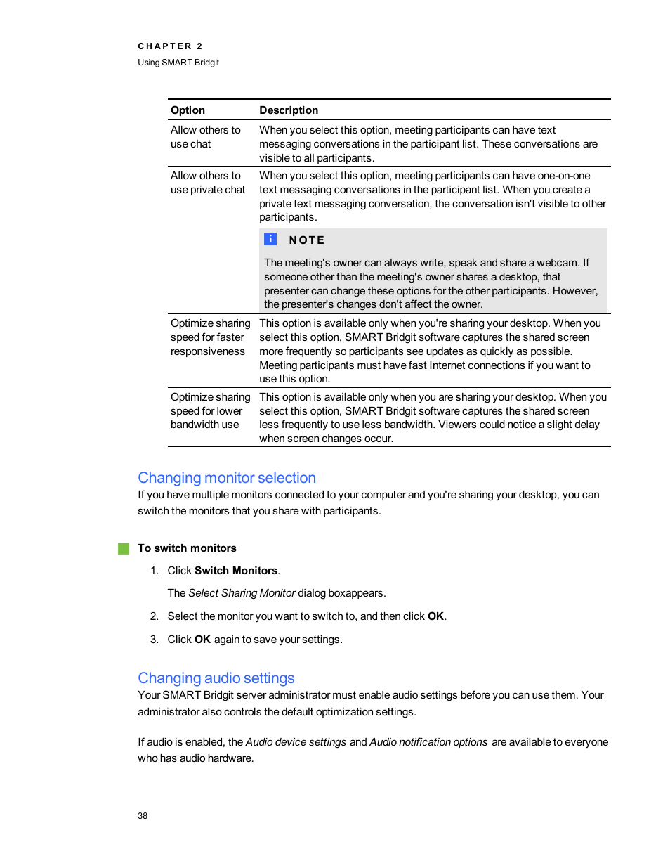Changing monitor selection, Changing audio settings | Smart Technologies Bridgit 4.5 User Manual | Page 40 / 62