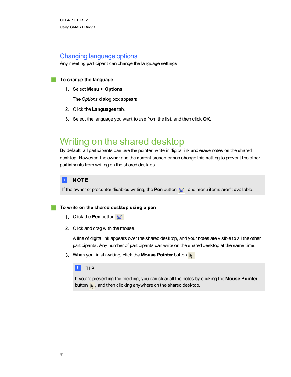 Changing language options, Writing on the shared desktop | Smart Technologies Bridgit 4.5 User Manual | Page 43 / 62