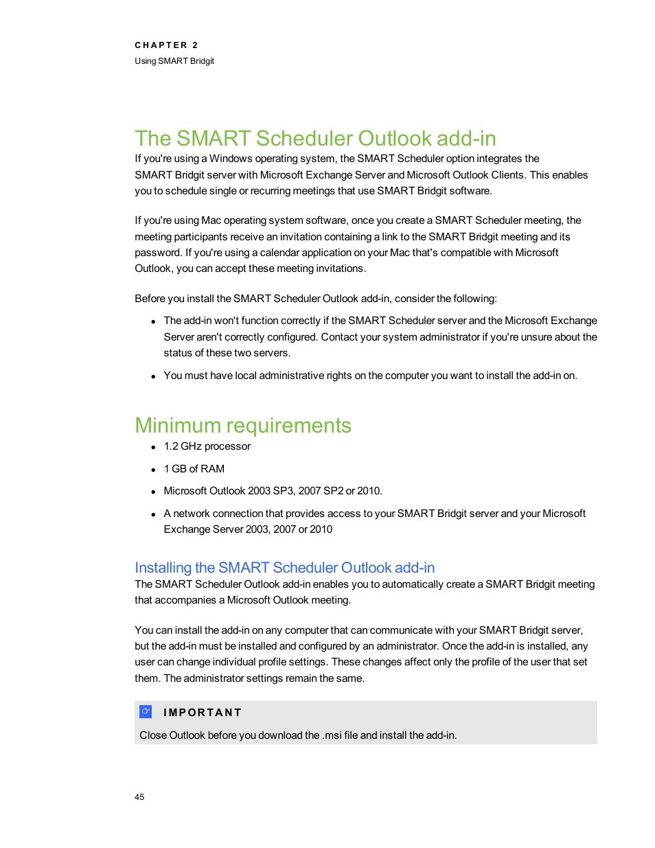The smart scheduler outlook add-in, Minimum requirements, Installing the smart scheduler outlook add-in | Smart Technologies Bridgit 4.5 User Manual | Page 47 / 62