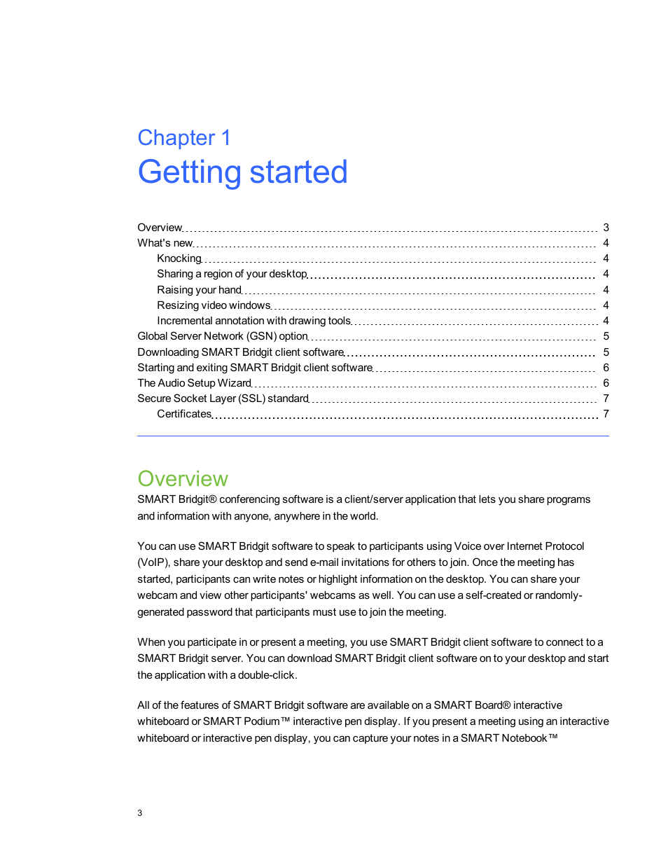 Chapter 1: getting started, Overview, Chapter 1 | Smart Technologies Bridgit 4.5 User Manual | Page 5 / 62