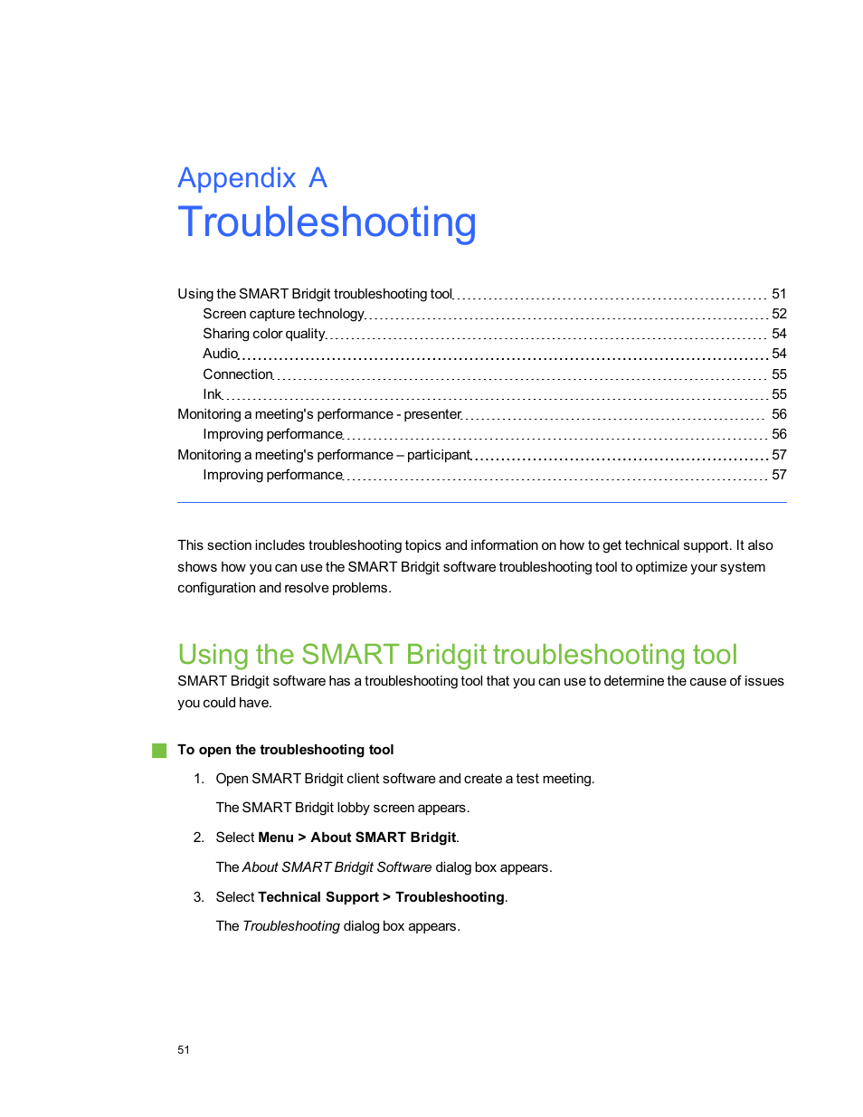 Appendix a: troubleshooting, Using the smart bridgit troubleshooting tool, Appendix a | Smart Technologies Bridgit 4.5 User Manual | Page 53 / 62