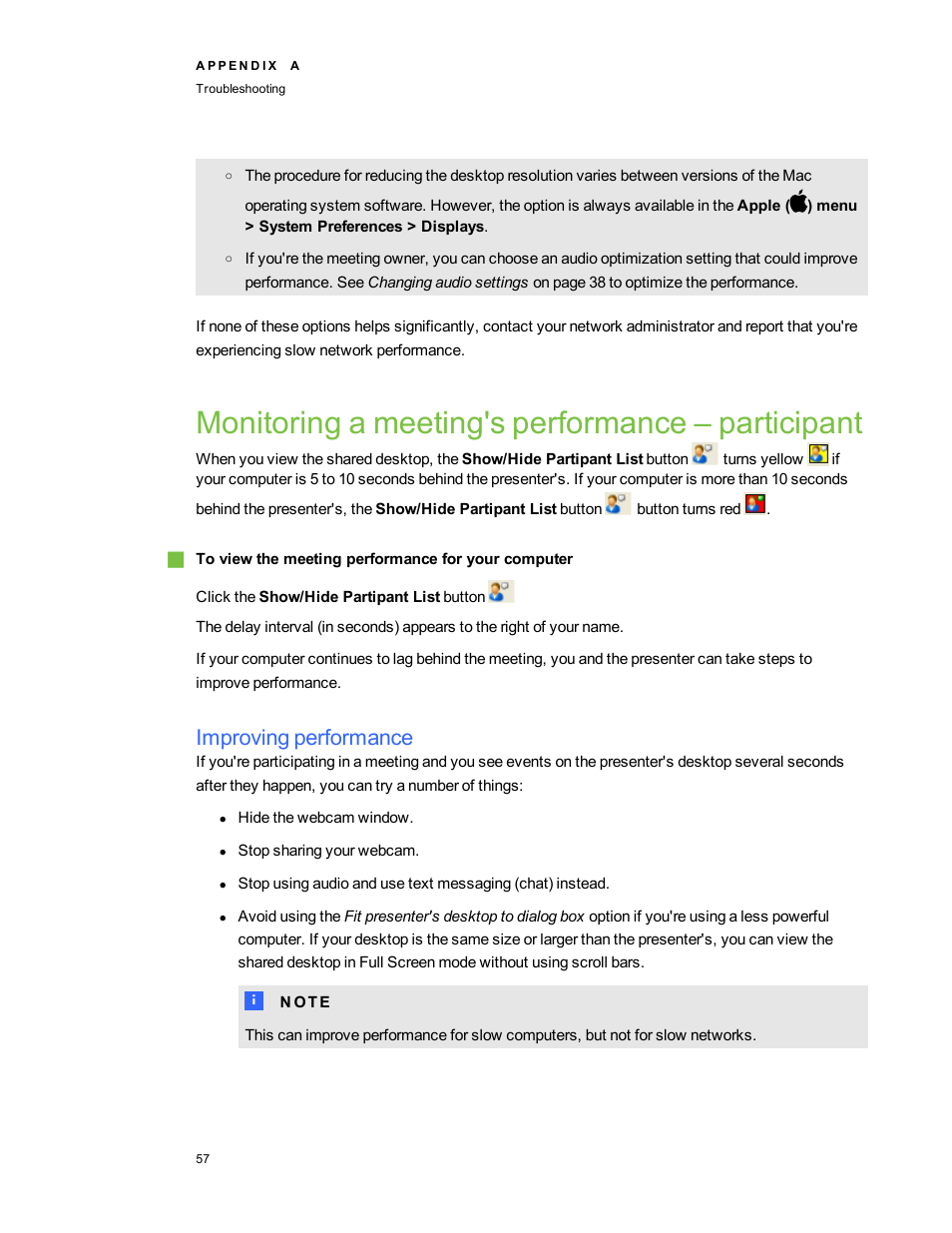 Monitoring a meeting's performance – participant, Improving performance | Smart Technologies Bridgit 4.5 User Manual | Page 59 / 62