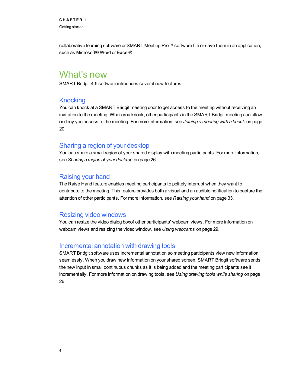 What's new, Knocking, Sharing a region of your desktop | Raising your hand, Resizing video windows, Incremental annotation with drawing tools | Smart Technologies Bridgit 4.5 User Manual | Page 6 / 62