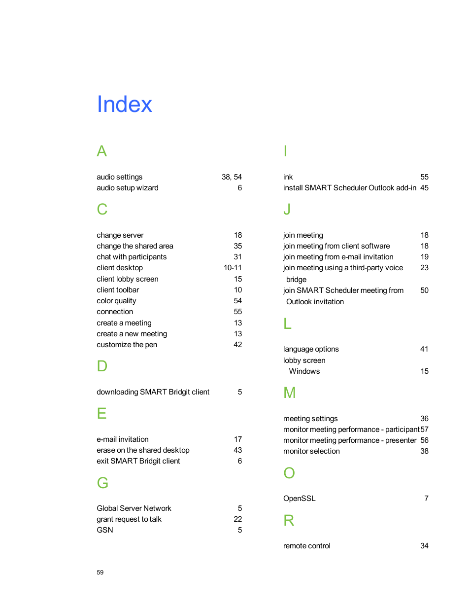 Index | Smart Technologies Bridgit 4.5 User Manual | Page 61 / 62