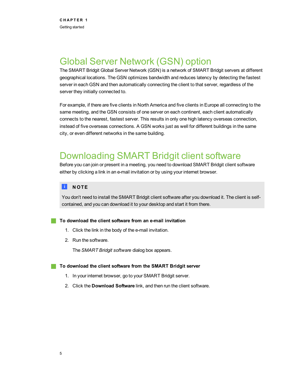Global server network (gsn) option, Downloading smart bridgit client software | Smart Technologies Bridgit 4.5 User Manual | Page 7 / 62