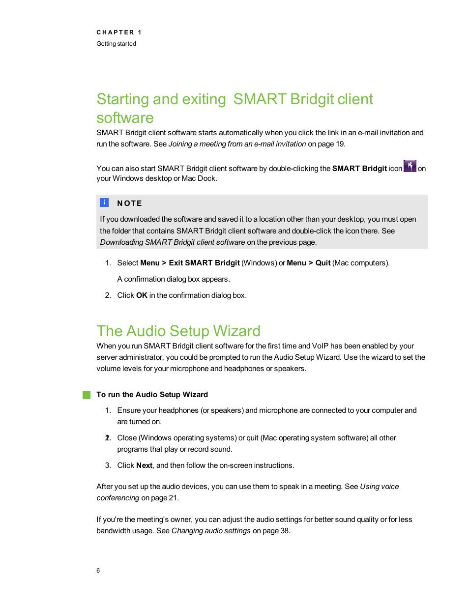 Starting and exiting smart bridgit client software, The audio setup wizard | Smart Technologies Bridgit 4.5 User Manual | Page 8 / 62