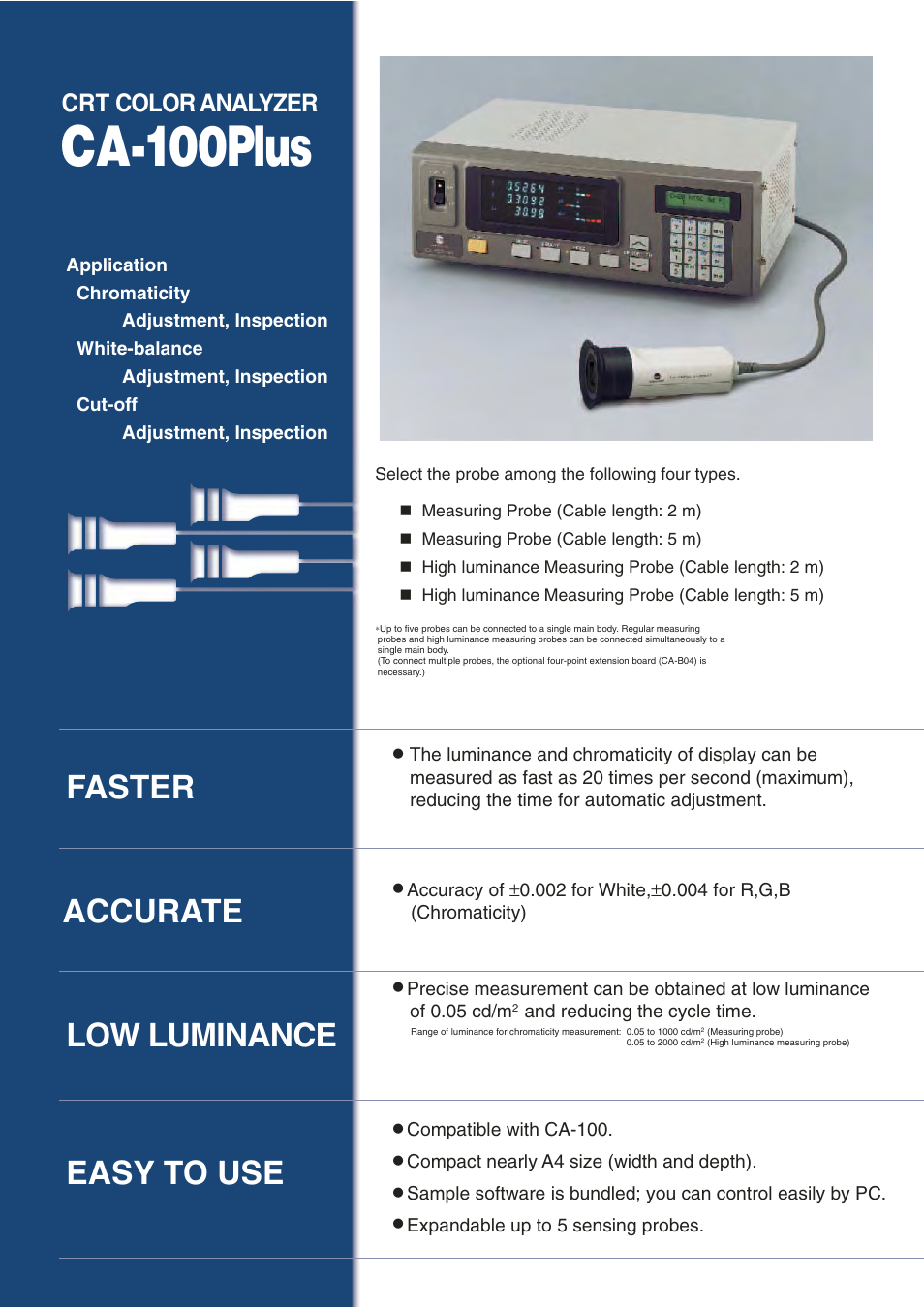 Ca-100plus, Faster easy to use accurate low luminance, Crt color analyzer | Konica Minolta CA-100Plus User Manual | Page 2 / 4