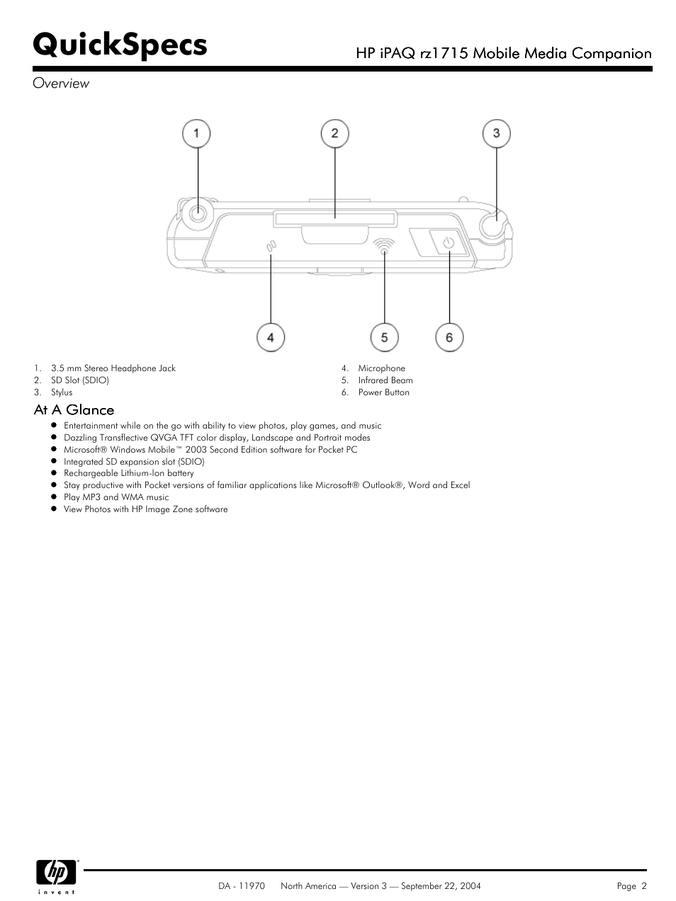 Quickspecs, Hp ipaq rz1715 mobile media companion, Hp ipaq rz1715 mobile media companion overview | HP rz1715 User Manual | Page 2 / 6