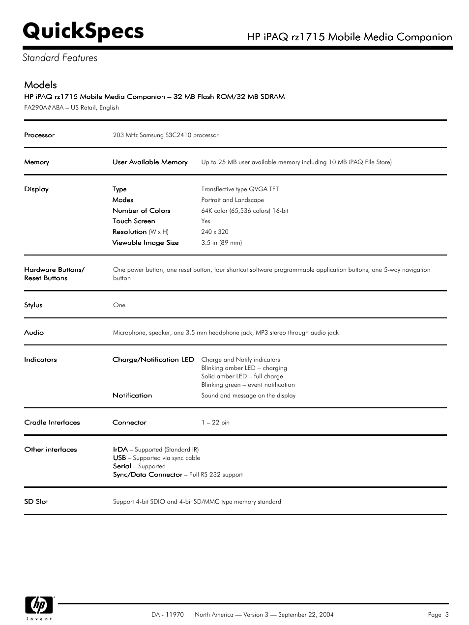 Standard features, Quickspecs, Hp ipaq rz1715 mobile media companion | Models | HP rz1715 User Manual | Page 3 / 6