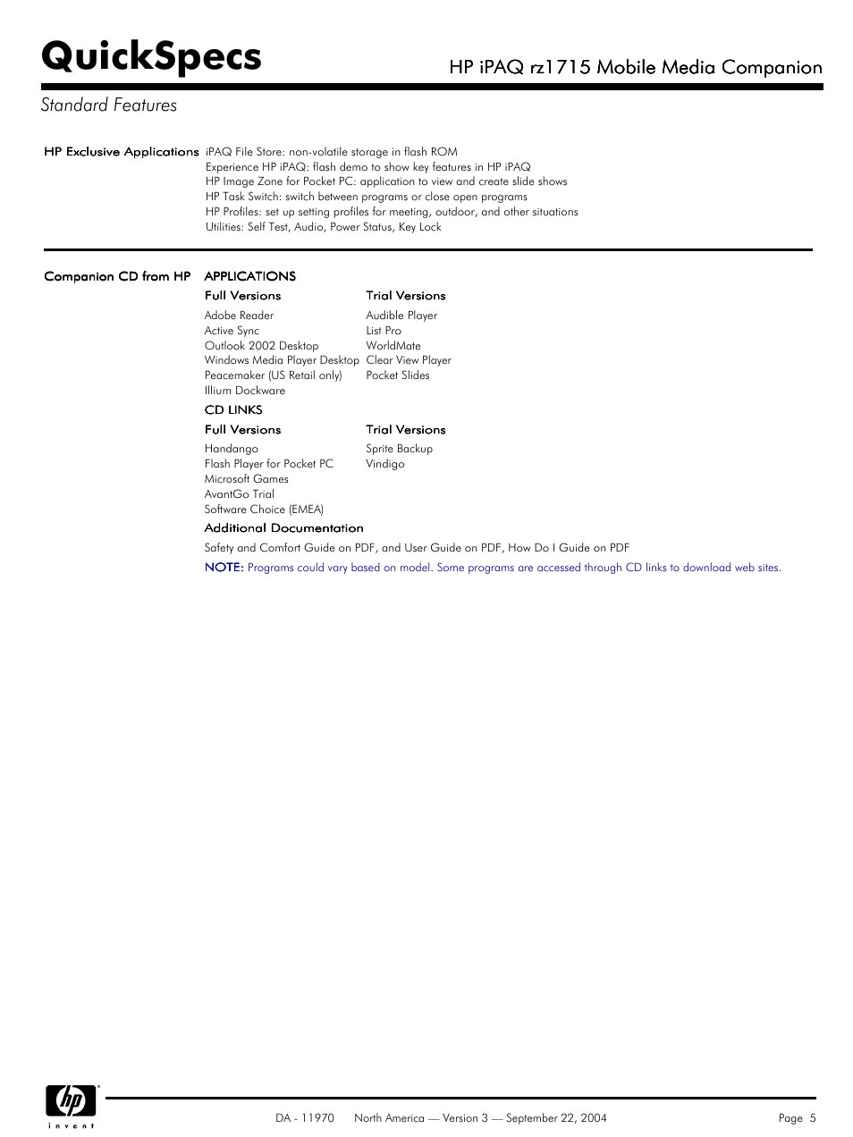 Quickspecs, Hp ipaq rz1715 mobile media companion | HP rz1715 User Manual | Page 5 / 6