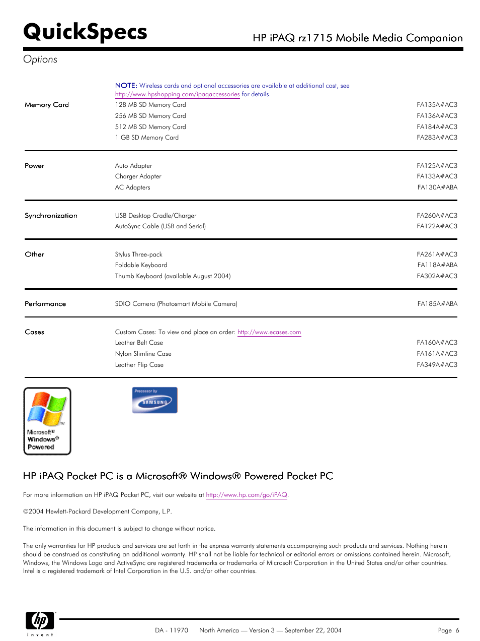 Options, Quickspecs, Hp ipaq rz1715 mobile media companion | Hp ipaq rz1715 mobile media companion options | HP rz1715 User Manual | Page 6 / 6