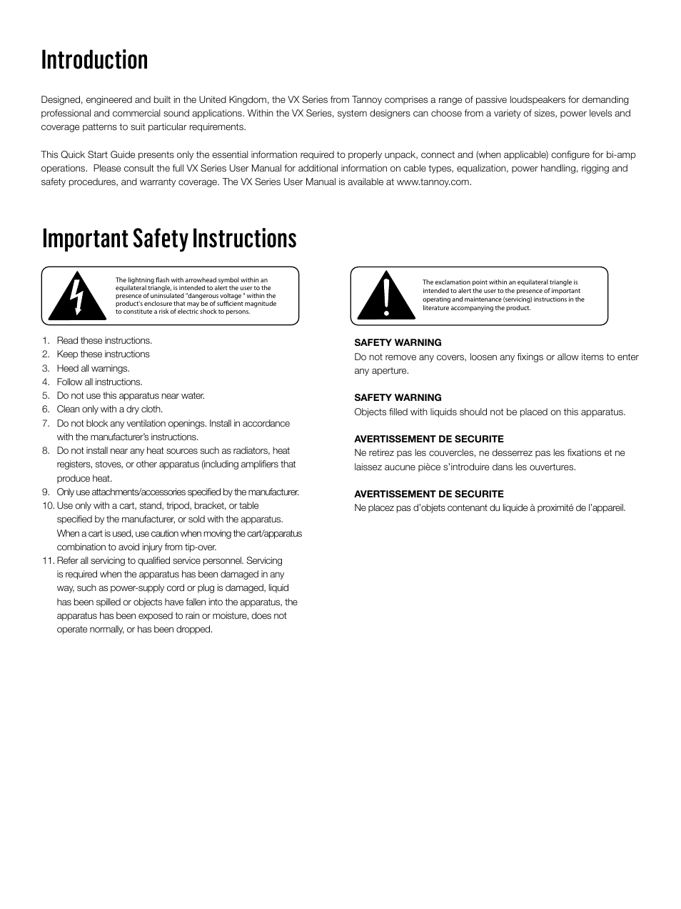 Important safety instructions, Introduction | Tannoy VX Series User Manual | Page 2 / 4