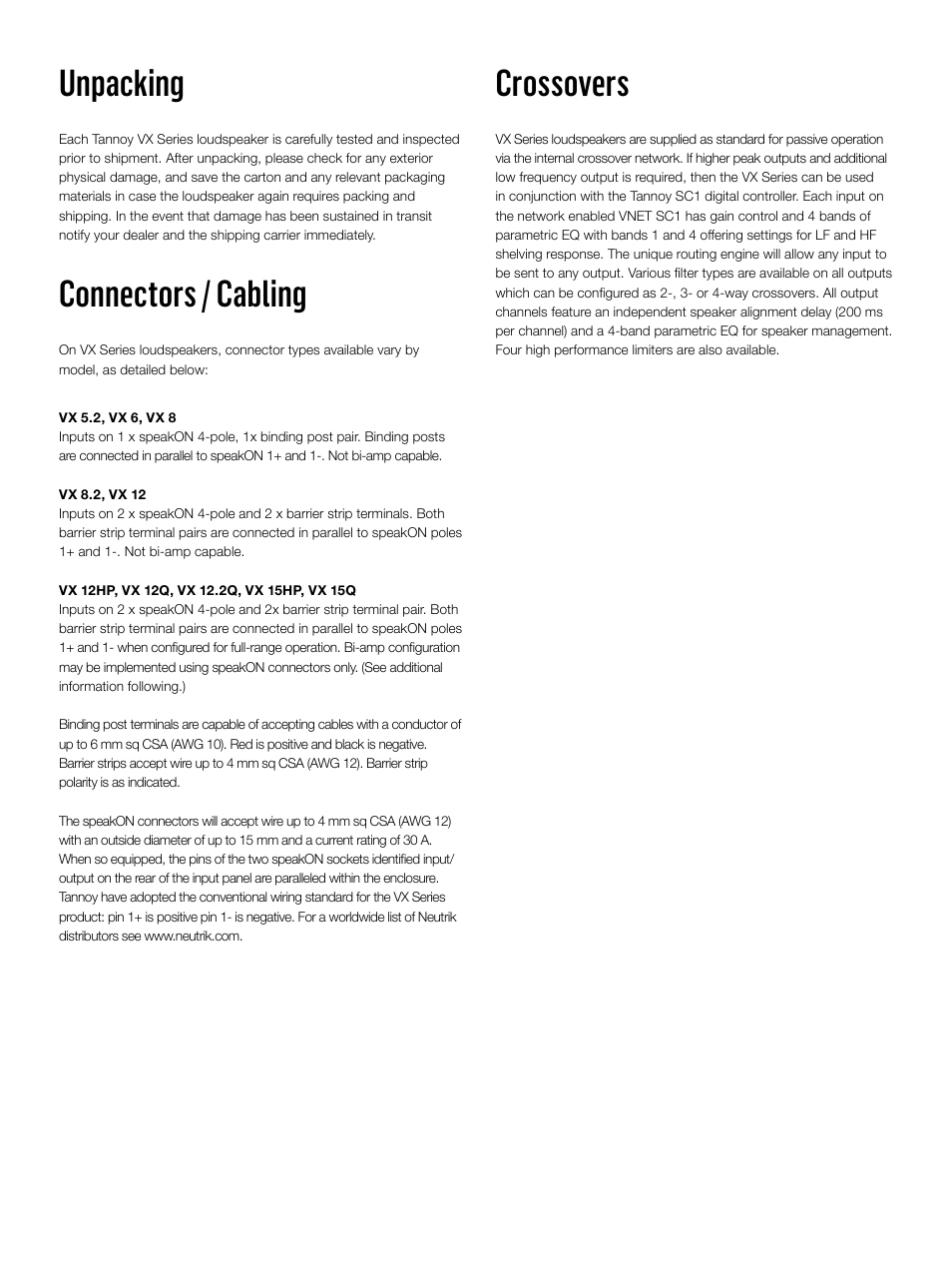 Crossovers, Unpacking, Connectors / cabling | Tannoy VX Series User Manual | Page 3 / 4
