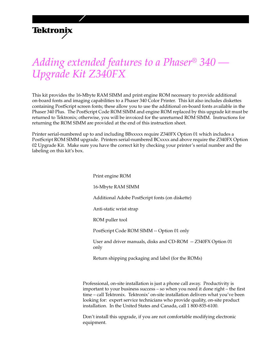 Tektronix Kit Z340FX User Manual | 8 pages