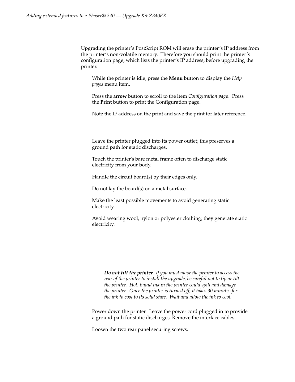 Static electricity precautions, Upgrading the printer | Tektronix Kit Z340FX User Manual | Page 2 / 8