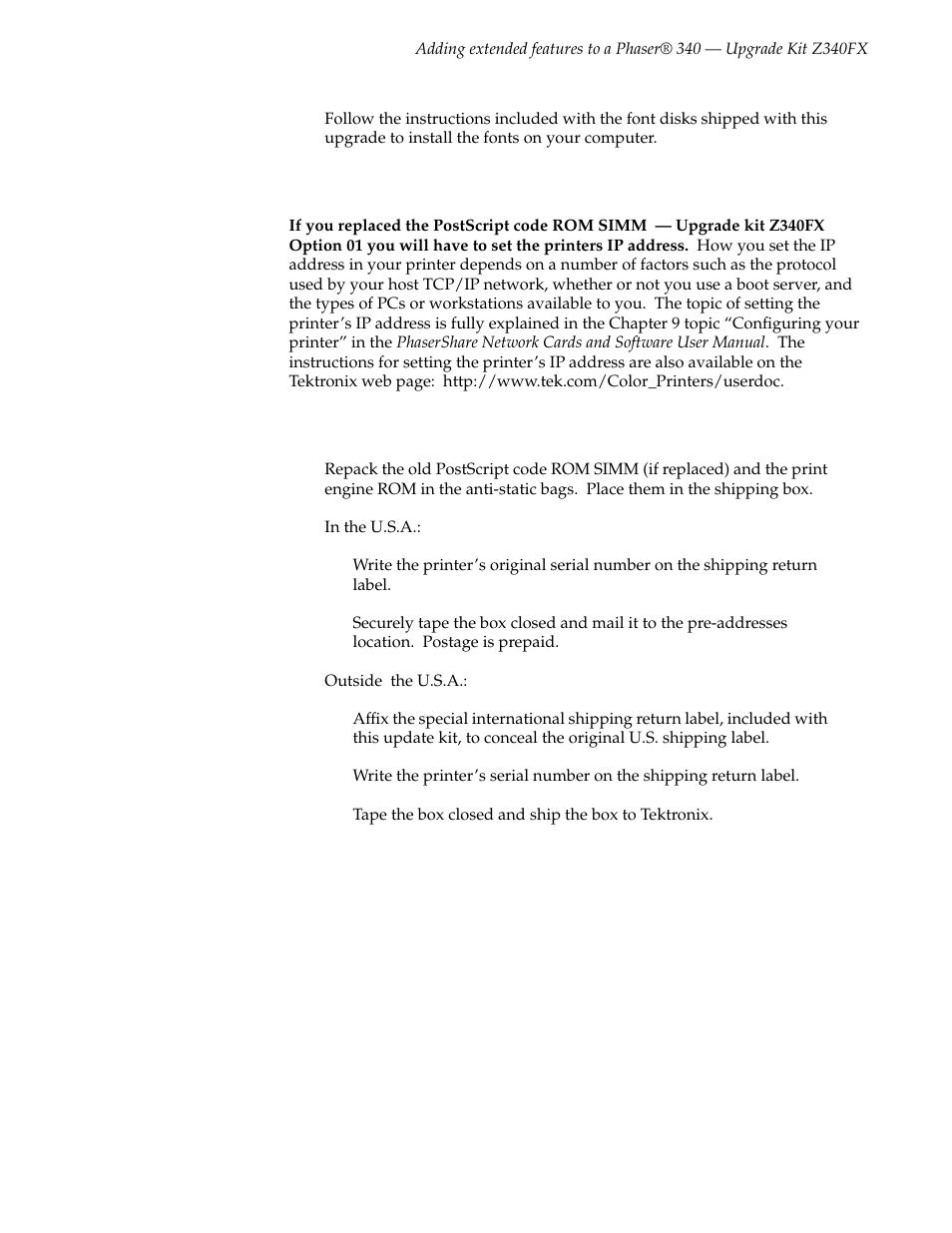 Setting the printer’s ip address, Return the old roms to tektronix | Tektronix Kit Z340FX User Manual | Page 7 / 8