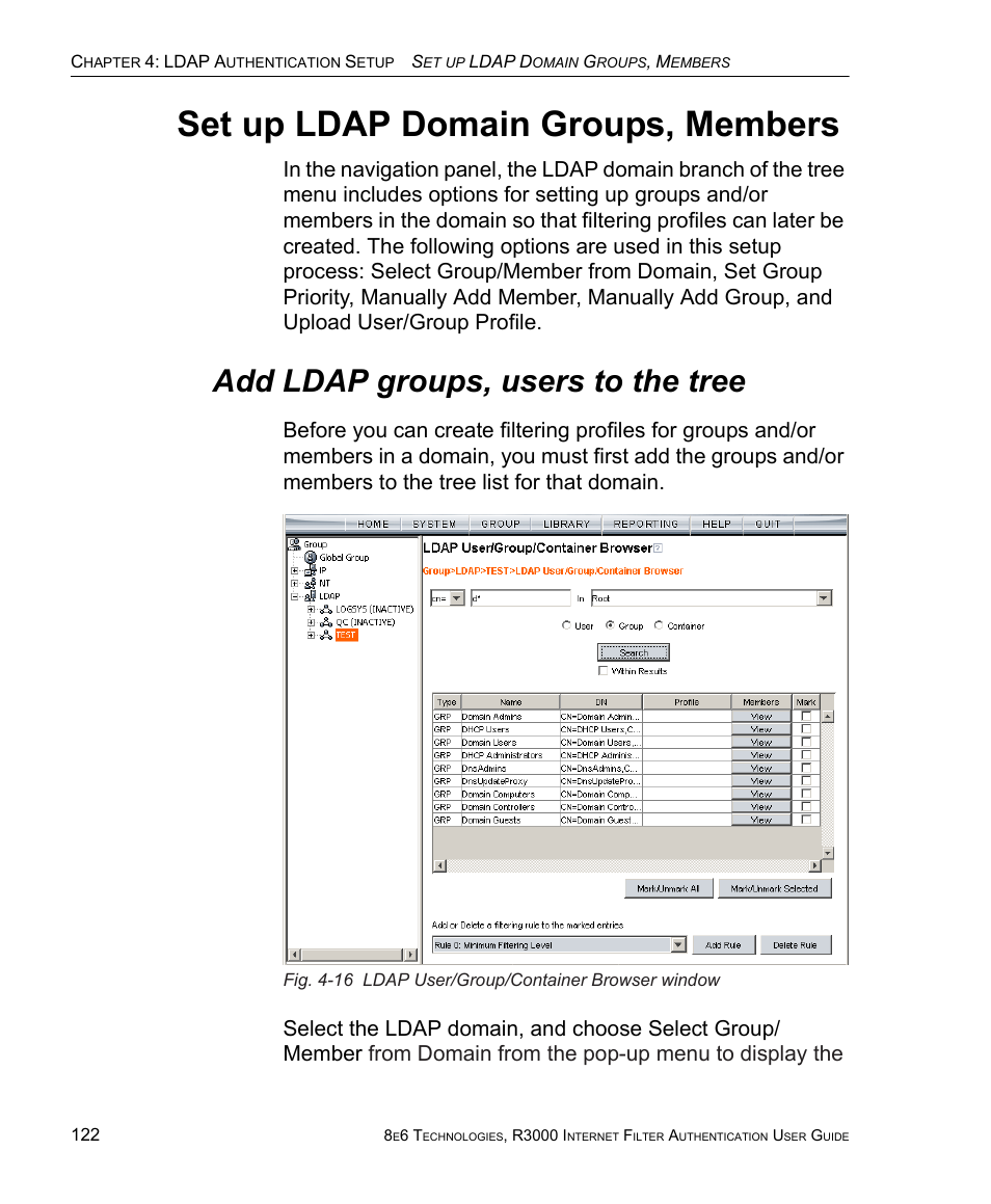 Set up ldap domain groups, members, Add ldap groups, users to the tree | 8e6 Technologies Enterprise Filter Authentication R3000 User Manual | Page 136 / 333