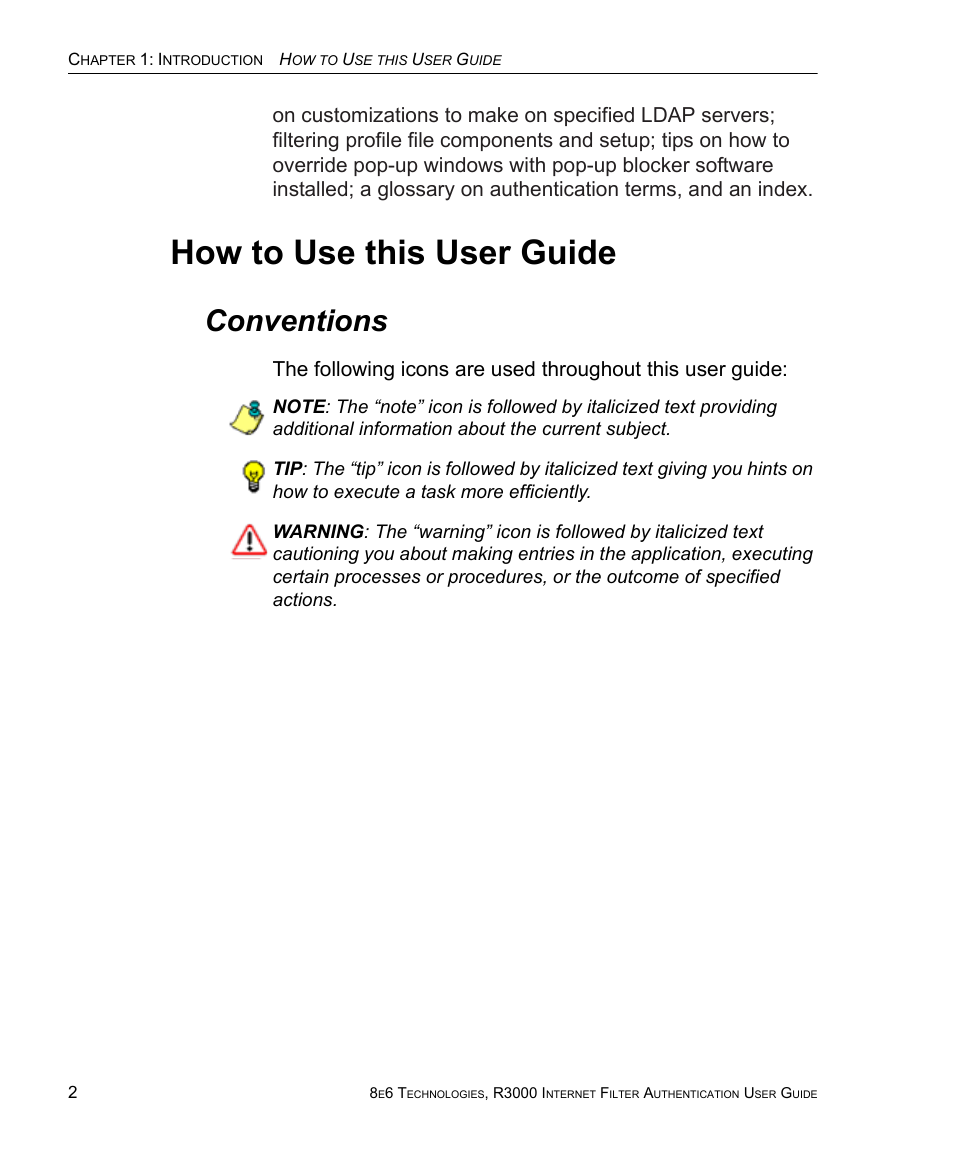 How to use this user guide, Conventions | 8e6 Technologies Enterprise Filter Authentication R3000 User Manual | Page 16 / 333