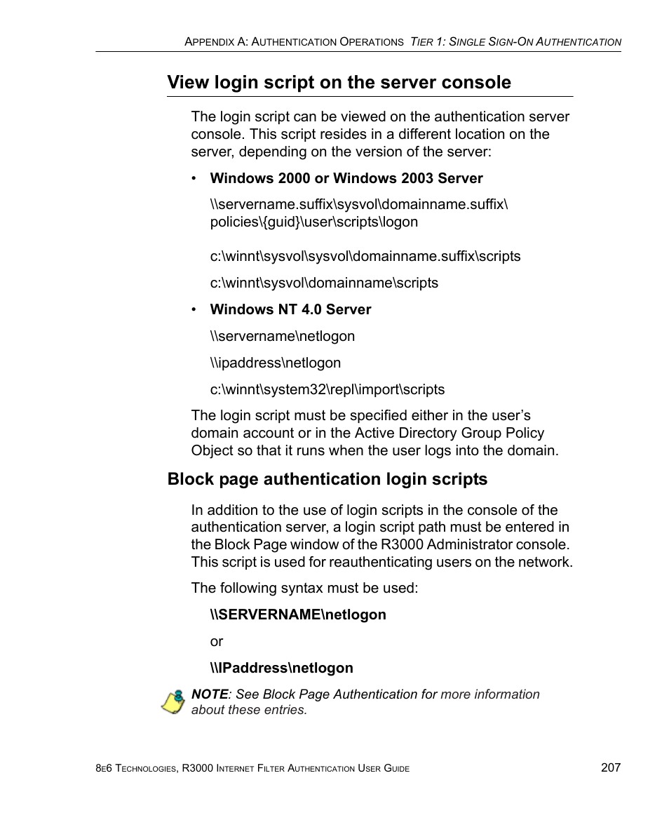 View login script on the server console, Block page authentication login scripts | 8e6 Technologies Enterprise Filter Authentication R3000 User Manual | Page 221 / 333