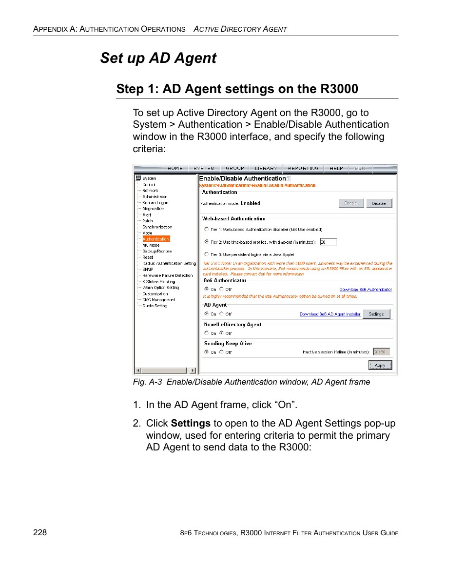 Set up ad agent, Step 1: ad agent settings on the r3000 | 8e6 Technologies Enterprise Filter Authentication R3000 User Manual | Page 242 / 333