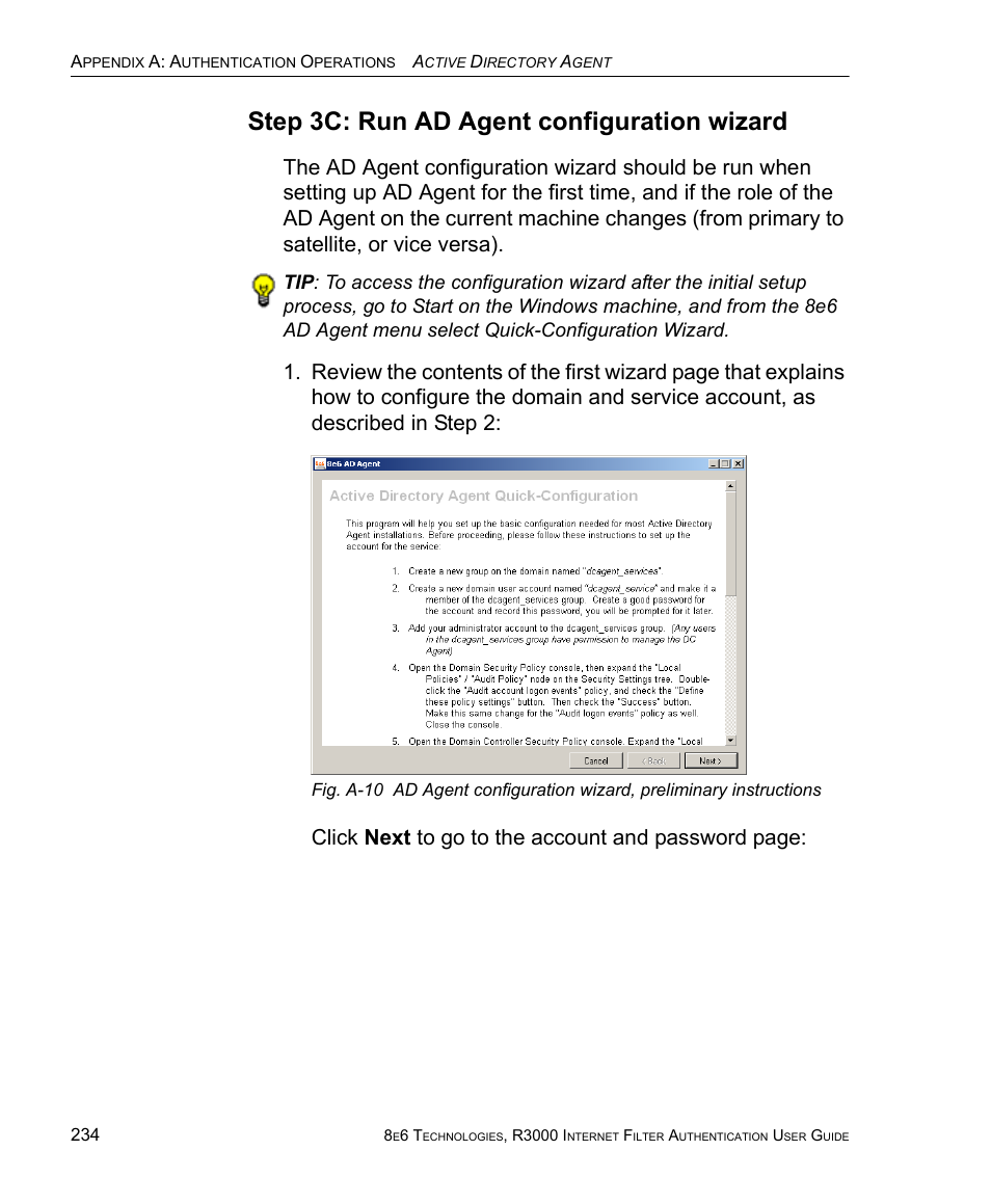 Step 3c: run ad agent configuration wizard, Click next to go to the account and password page | 8e6 Technologies Enterprise Filter Authentication R3000 User Manual | Page 248 / 333