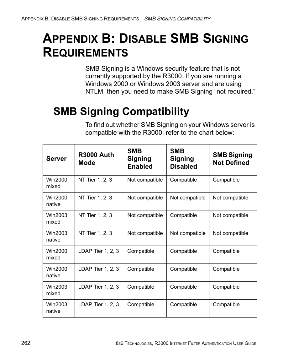 Appendix b: disable smb signing requirements, Smb signing compatibility, Ppendix | B: d, Isable, Smb s, Igning, Equirements | 8e6 Technologies Enterprise Filter Authentication R3000 User Manual | Page 276 / 333