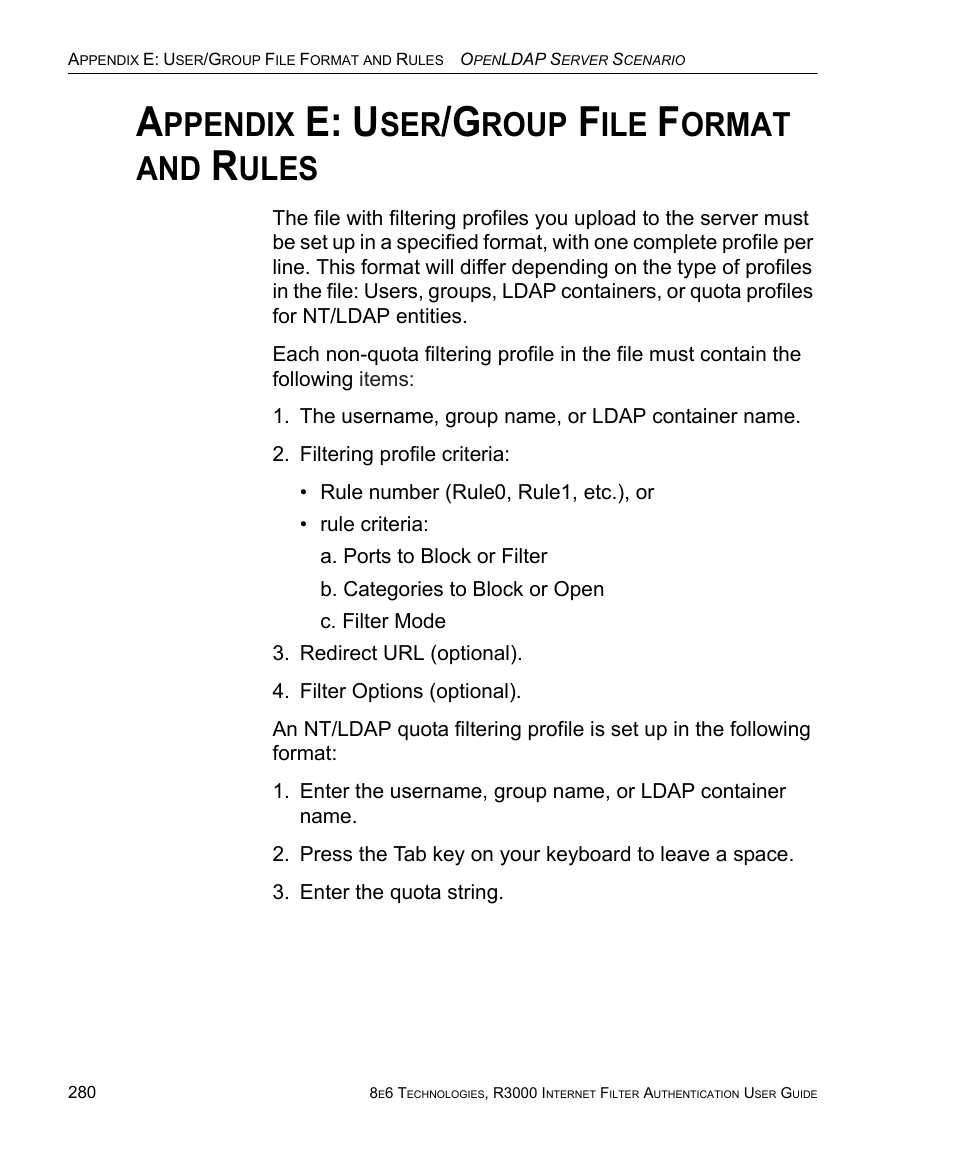 Appendix e: user/group file format and rules, Ppendix, E: u | Roup, Ormat, Ules | 8e6 Technologies Enterprise Filter Authentication R3000 User Manual | Page 294 / 333
