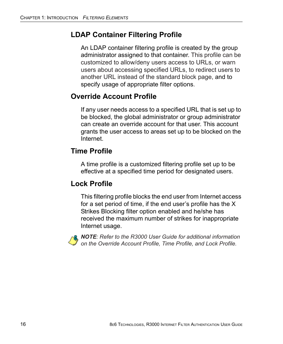 Ldap container filtering profile, Override account profile, Time profile | Lock profile | 8e6 Technologies Enterprise Filter Authentication R3000 User Manual | Page 30 / 333