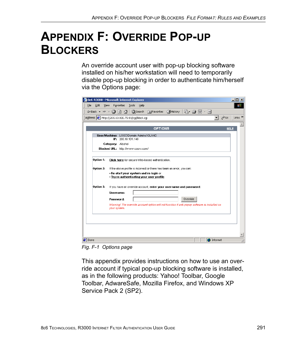 Appendix f: override pop-up blockers, Ppendix, F: o | Verride, Lockers | 8e6 Technologies Enterprise Filter Authentication R3000 User Manual | Page 305 / 333