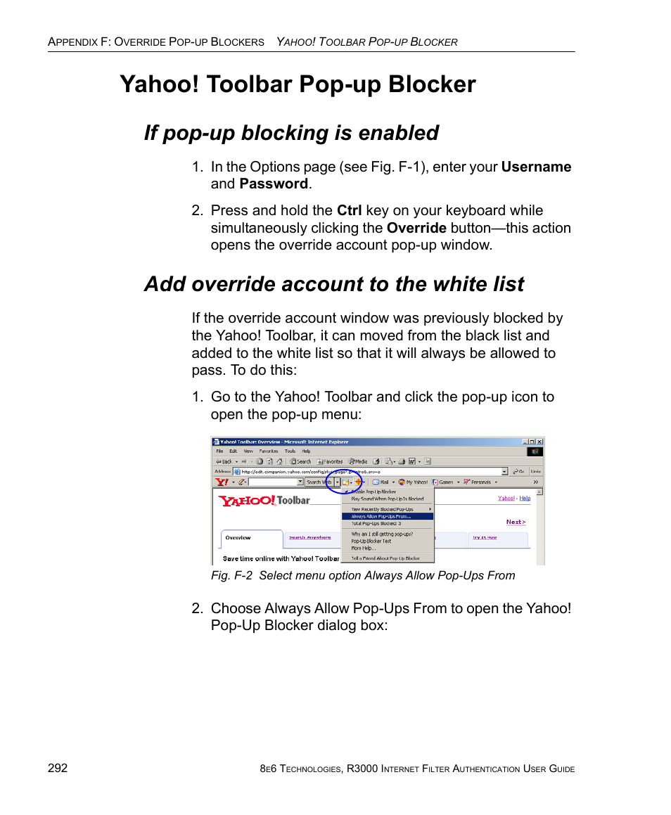 Yahoo! toolbar pop-up blocker, If pop-up blocking is enabled, Add override account to the white list | 8e6 Technologies Enterprise Filter Authentication R3000 User Manual | Page 306 / 333