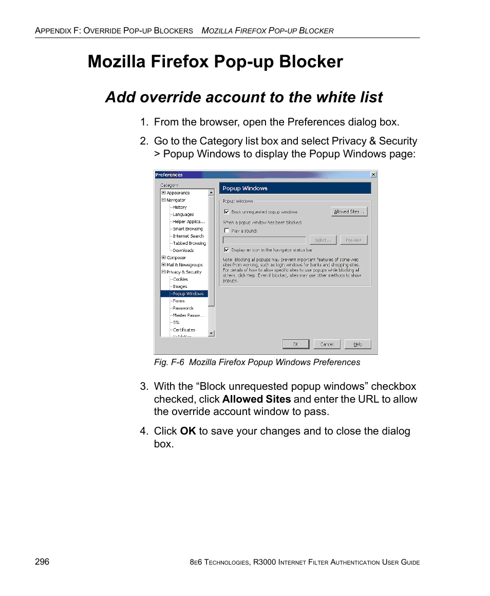 Add override account to the white list, Mozilla firefox pop-up blocker | 8e6 Technologies Enterprise Filter Authentication R3000 User Manual | Page 310 / 333