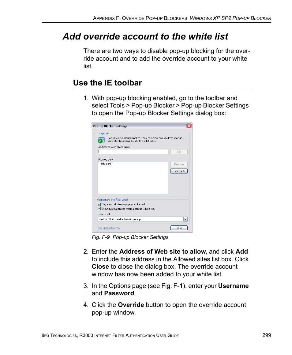 Add override account to the white list, Use the ie toolbar | 8e6 Technologies Enterprise Filter Authentication R3000 User Manual | Page 313 / 333