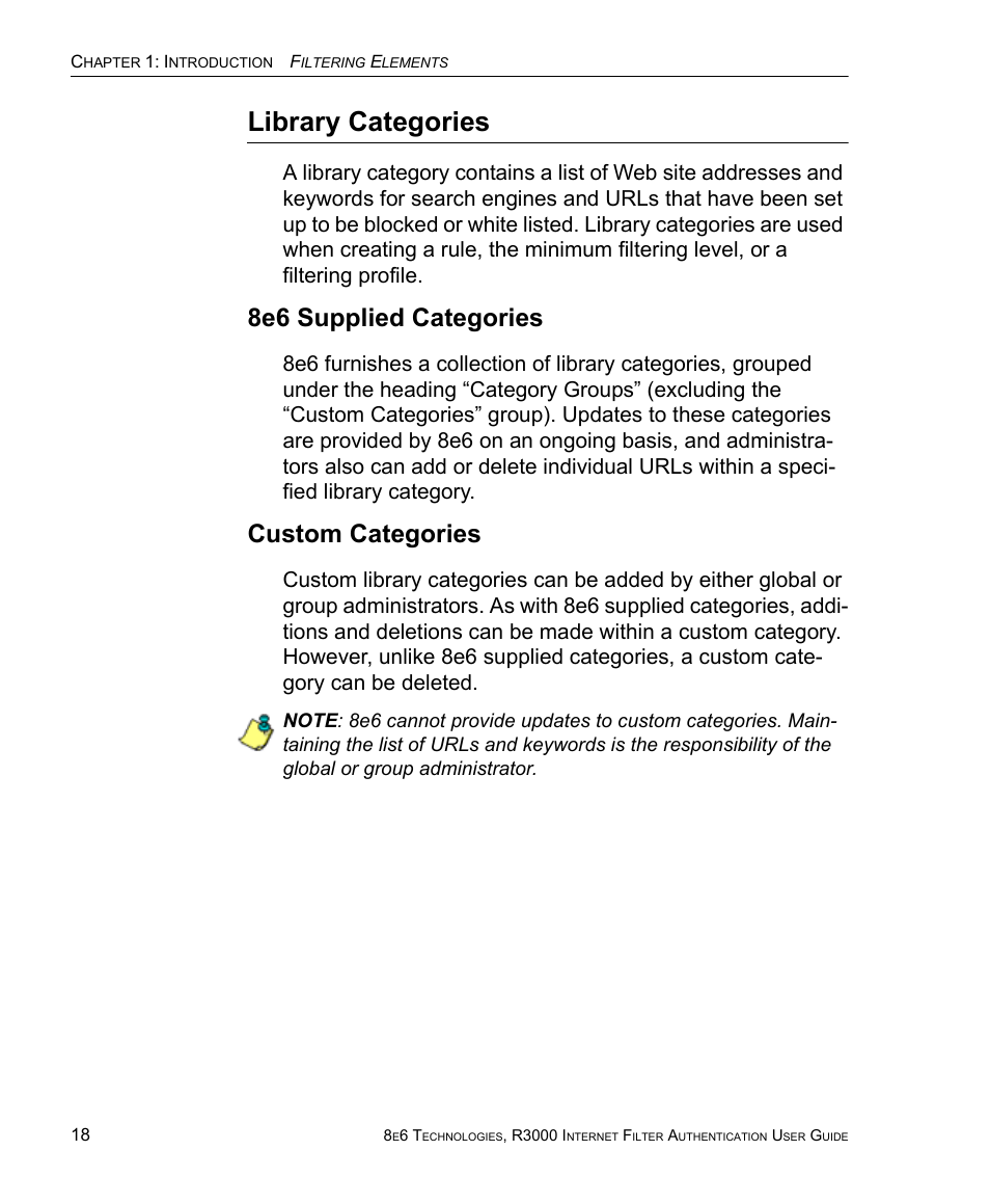 Library categories, 8e6 supplied categories, Custom categories | 8e6 supplied categories custom categories | 8e6 Technologies Enterprise Filter Authentication R3000 User Manual | Page 32 / 333