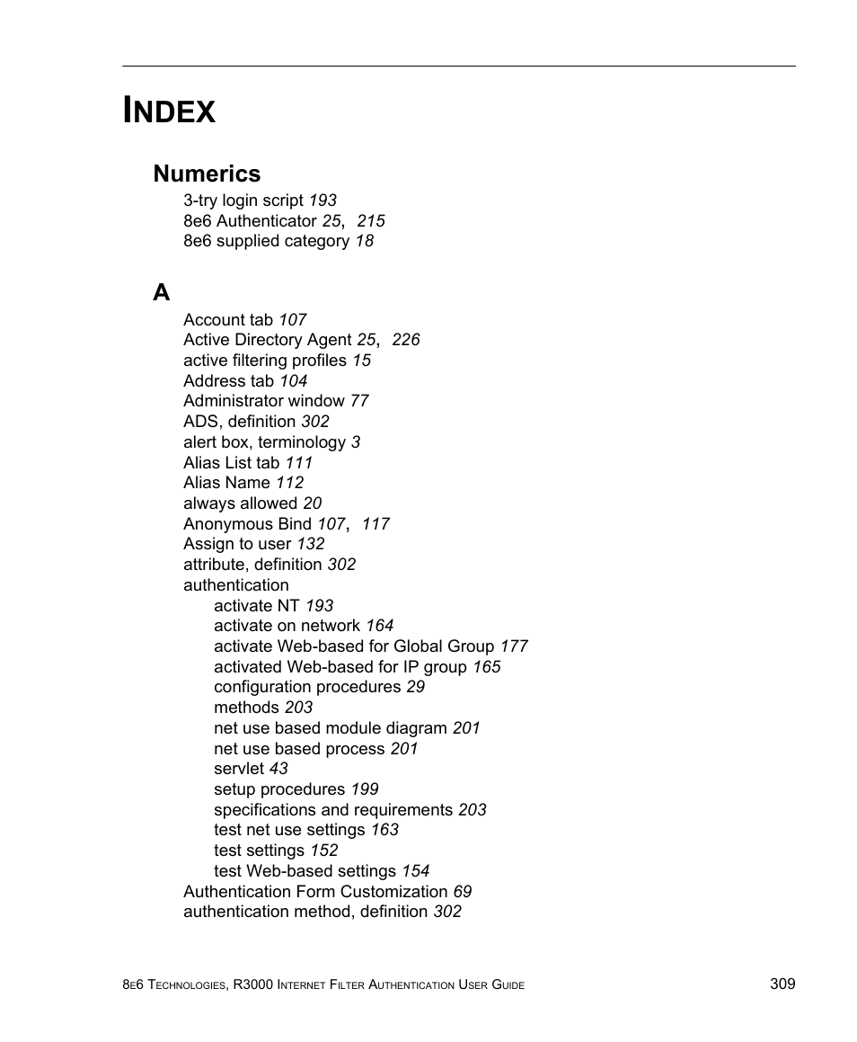 Index, Numerics, Ndex | 8e6 Technologies Enterprise Filter Authentication R3000 User Manual | Page 323 / 333