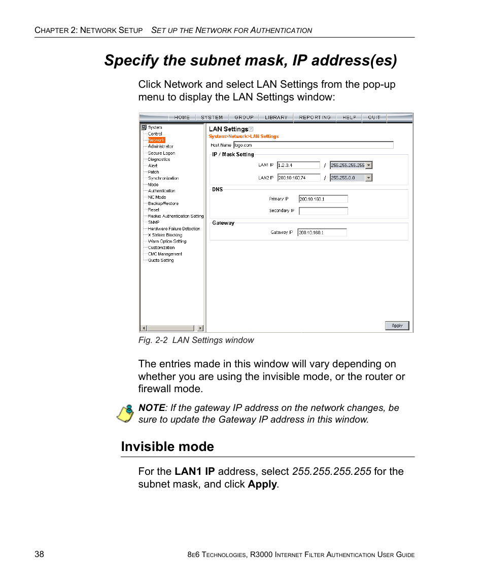 Specify the subnet mask, ip address(es), Invisible mode | 8e6 Technologies Enterprise Filter Authentication R3000 User Manual | Page 52 / 333