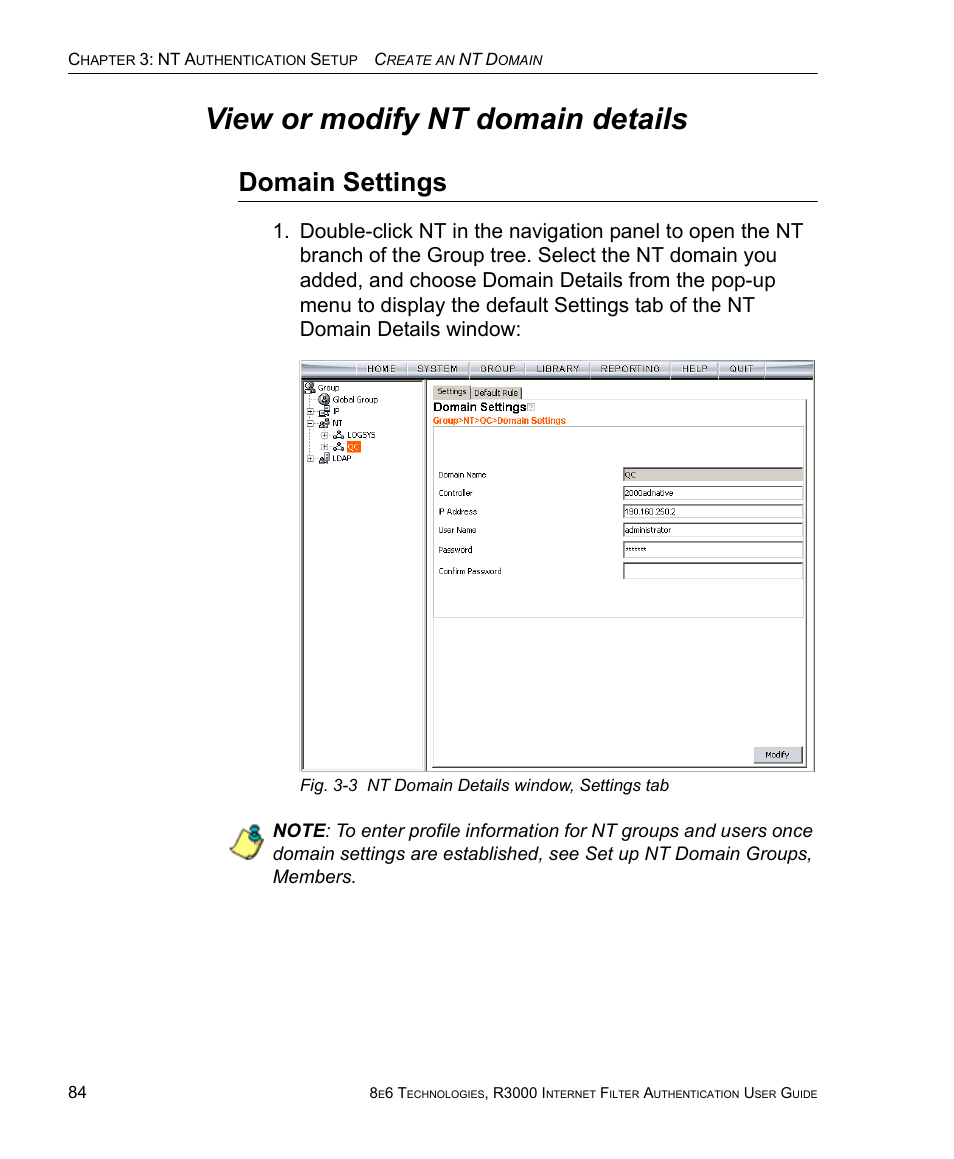 View or modify nt domain details, Domain settings | 8e6 Technologies Enterprise Filter Authentication R3000 User Manual | Page 98 / 333