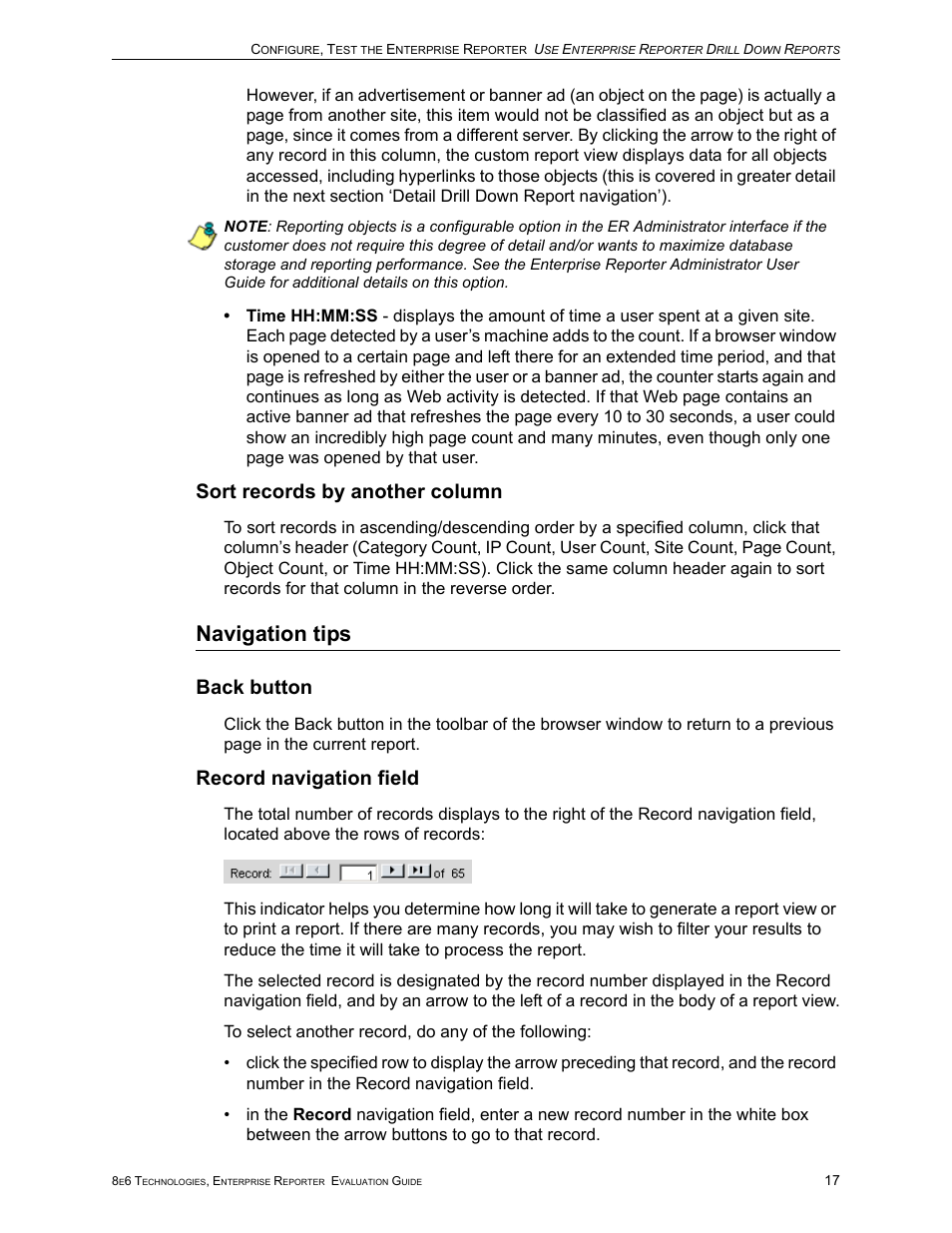 Sort records by another column, Navigation tips, Back button | Record navigation field, Back button record navigation field | 8e6 Technologies Enterprise Reporter ER HL/SL User Manual | Page 21 / 48