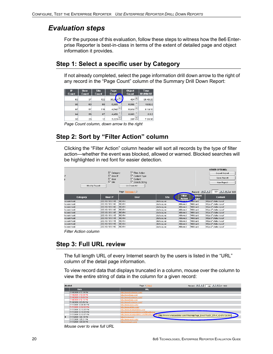 Evaluation steps, Step 1: select a specific user by category, Step 2: sort by “filter action” column | Step 3: full url review | 8e6 Technologies Enterprise Reporter ER HL/SL User Manual | Page 24 / 48