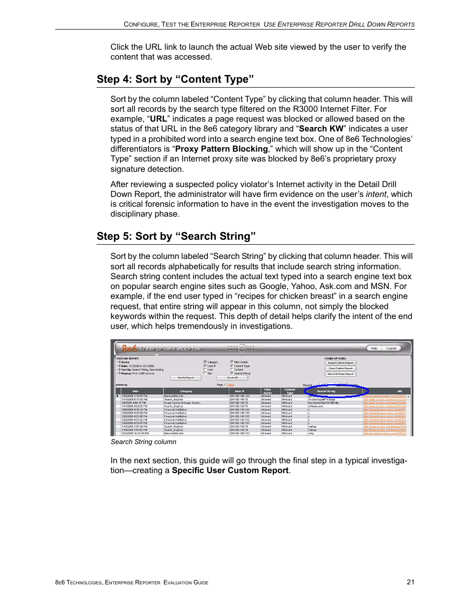 Step 4: sort by “content type, Step 5: sort by “search string | 8e6 Technologies Enterprise Reporter ER HL/SL User Manual | Page 25 / 48